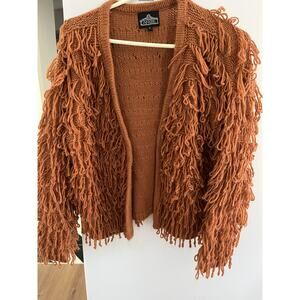 Vintage Angie Women Jr S Fringed Knit Cardigan Rust Open Front Boho Retro